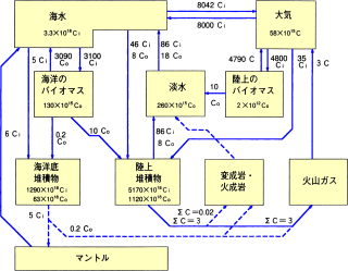 現在の地球システムにおける炭素循環。