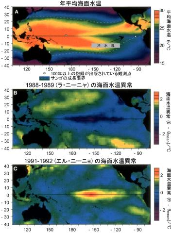 エル・ニーニョ発生時とラ・ニーニャ発生時での、海水温度の違い。