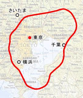 ツングースカ事件で森林がなぎ倒された範囲と、東京近郊の地図との比較。
