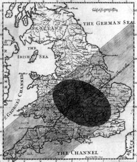 1715年4月22日、図の地域で日蝕が起こった。このとき月を観測したハレーは、月は地球から遠ざかっていると結論づけたが、それは誤りだった