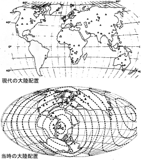 原生代後期の大陸配置と、氷河堆積物の分布。