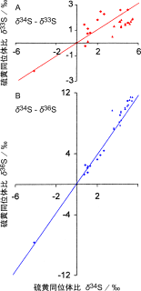 δ33S、δ34S、δ36Sの関係。