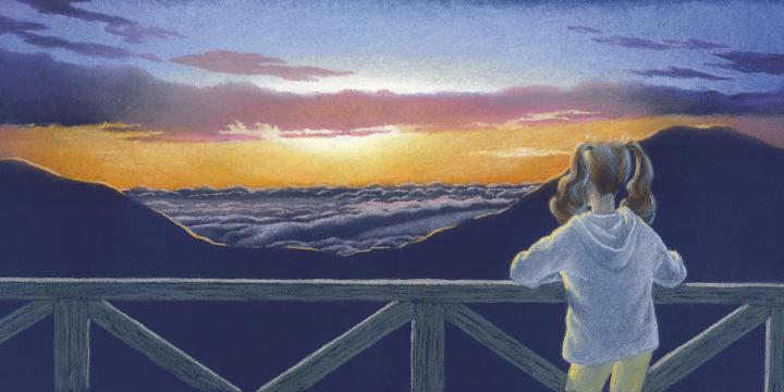 山間に沈む夕日を眺める少女(マータ)