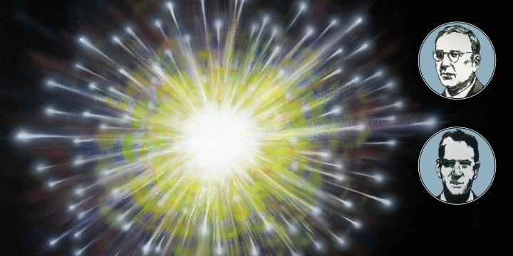 ビッグ・バンの想像図と、Gamov & Hubbleの肖像