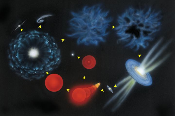 星間ガス→星間分子雲→原始星ガス円盤→主系列星→赤色巨星→白色わい星 主系列星→超新星爆発→星間ガス・中性子星・ブラックホール