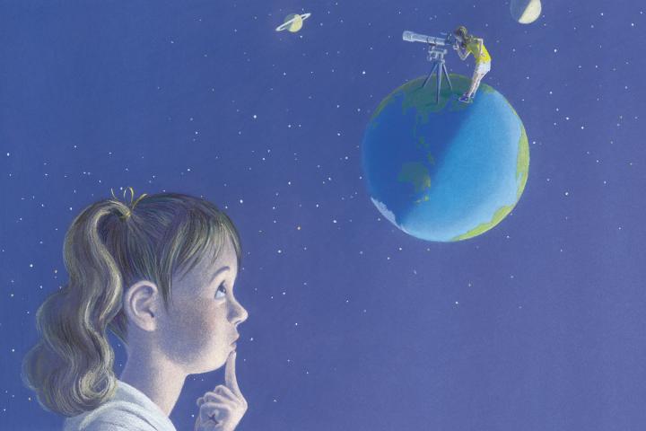 宇宙に浮かぶ地球を眺める少女(マータ)